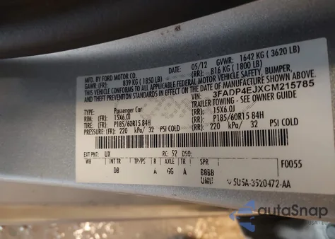 2012 Ford Fiesta Se from USA, damaged, VIN 3FADP4EJXCM215785